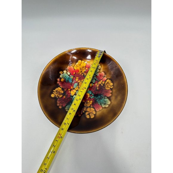 Enamel Over Copper Mid Century Signed Plate Blue Red Gold Round Dish Abstract - Picture 10 of 10